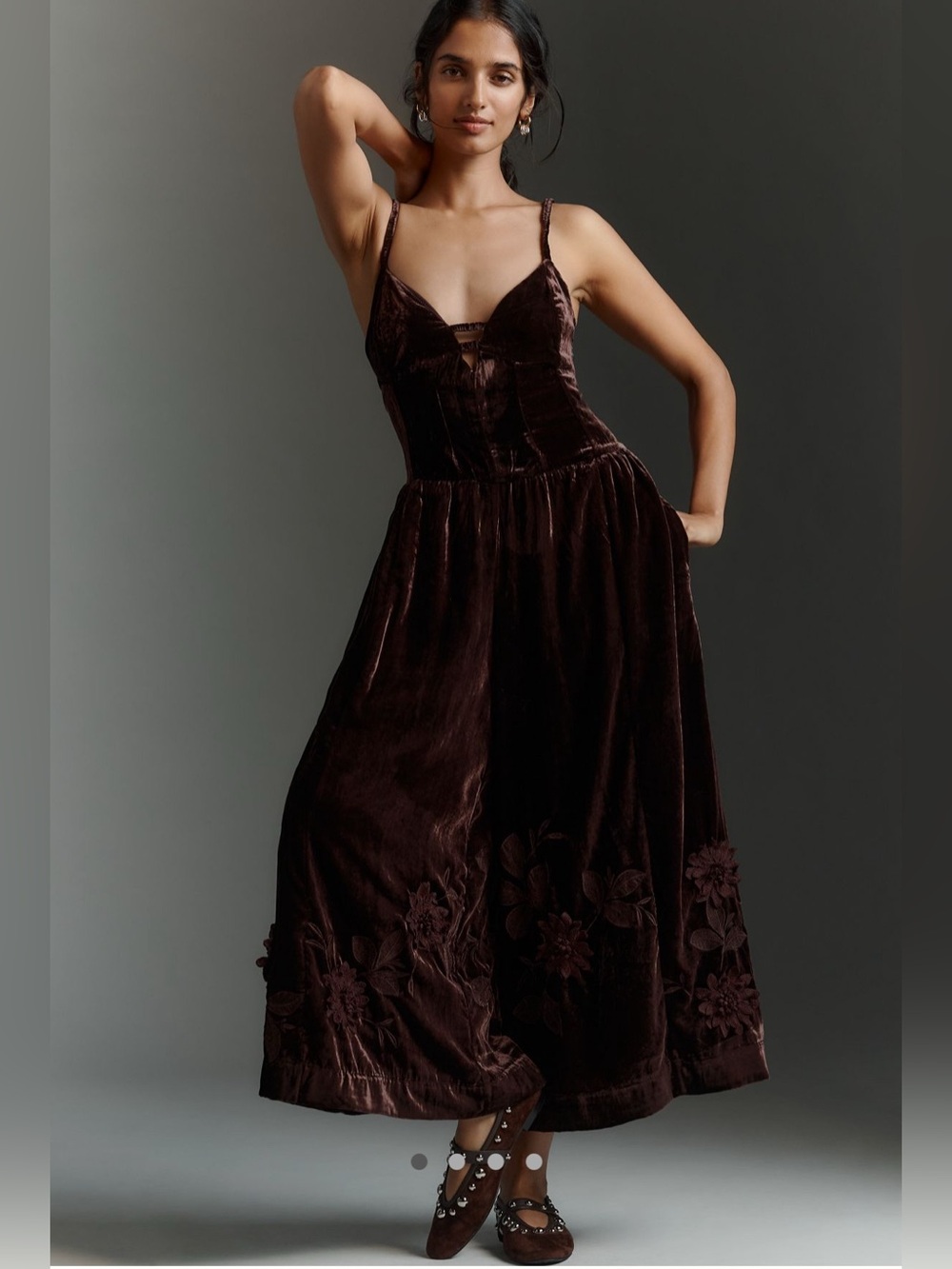 NWT by Anthropologie $328 3D Floral Velvet Brown Jumpsuit Size 4